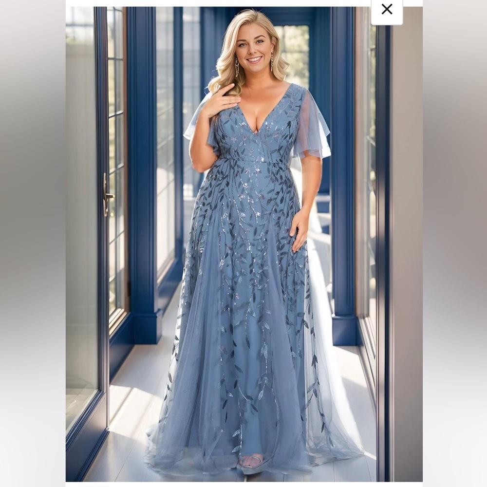 Shimmery V Neck Maxi Evening Dress by Ever Pretty - size 18. Dusty Blue color. - Picture 3 of 11